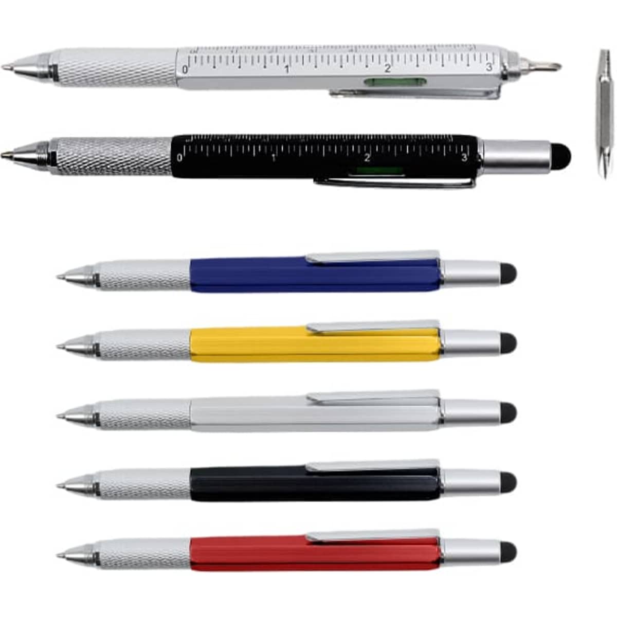 A collection of multi-function metal pens in silver, black, blue, yellow, and red, featuring various writing tools and a logo.