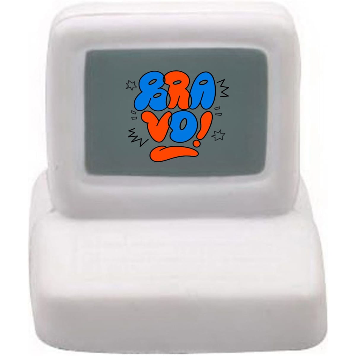 A white computer-shaped stress reliever with a screen design and a colourful logo.
