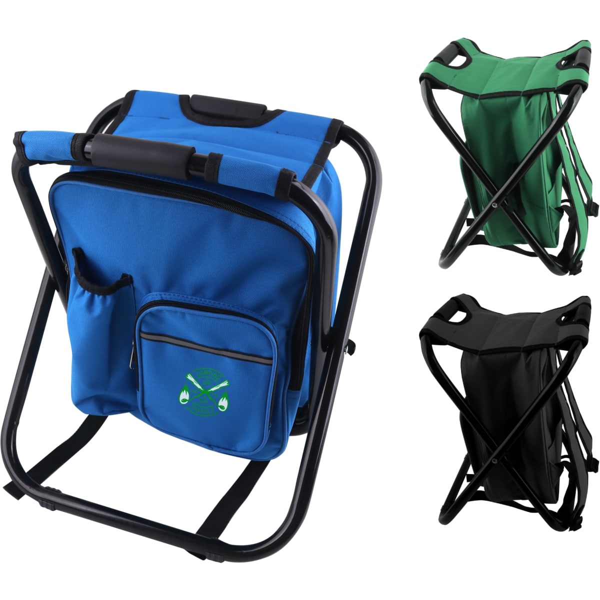 A blue foldable insulated bag and chair with a front pocket, alongside a green and a black version. Each has a logo.