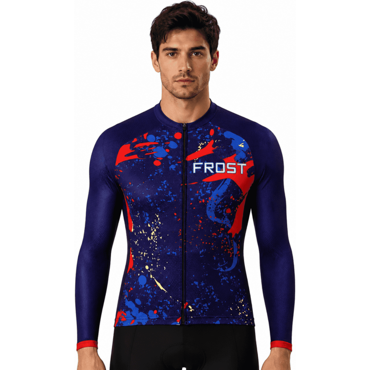 Men's long sleeve cycling jersey in navy blue with vibrant red and blue splatter design, featuring a logo.