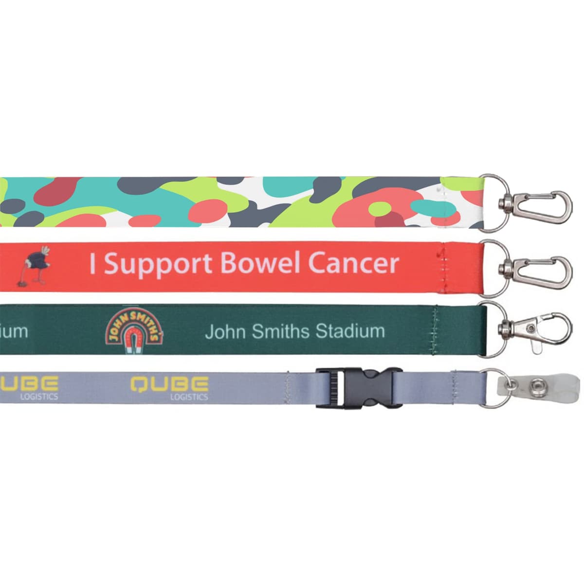 A collection of four sublimation lanyards in various designs and colours, featuring clips and a logo.