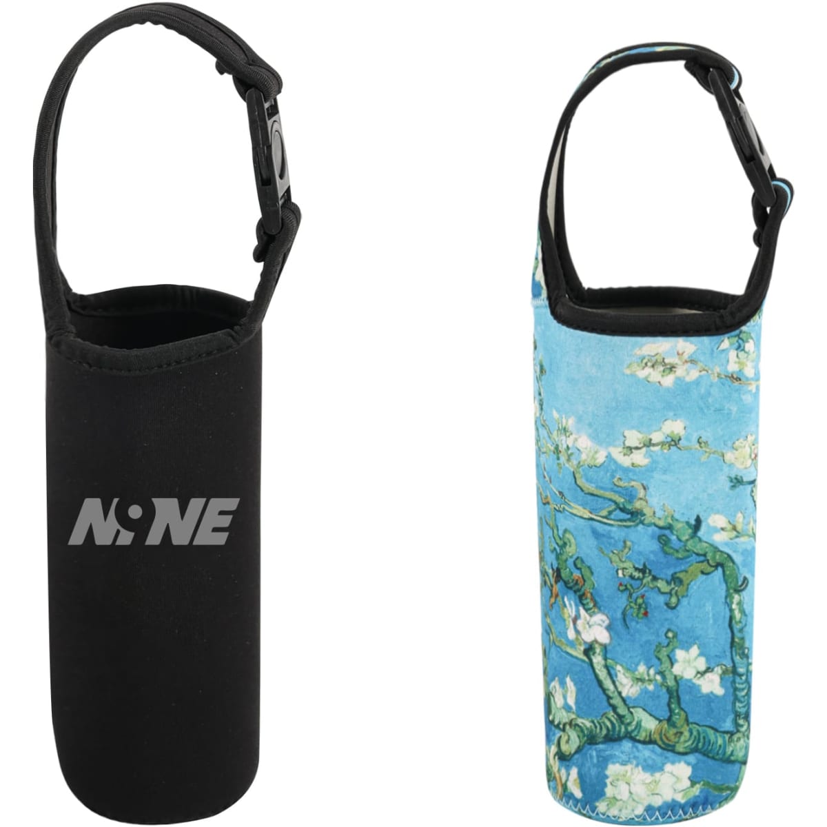A drink bottle carrier pouch featuring a black side with a logo and a blue floral design on the other side.