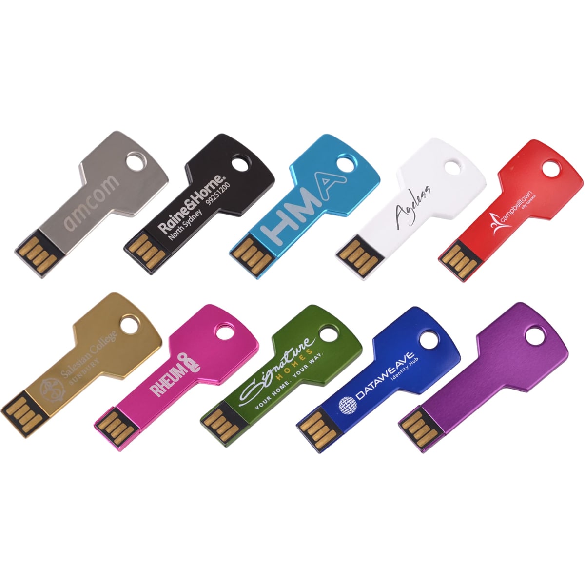 A collection of colourful square key flash drives in various hues including silver, blue, red, purple, and gold, featuring different logos.