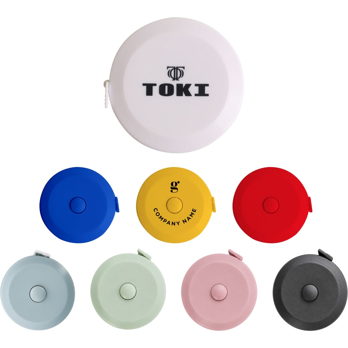 A set of seven round tape measures in red, blue, white, yellow, green, pink, and black, featuring various logos.