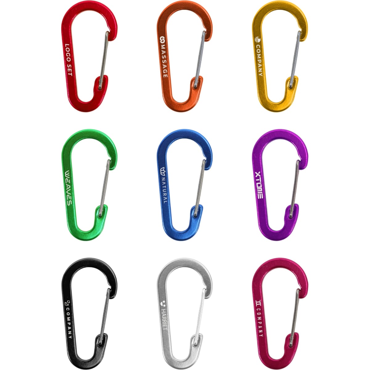 A selection of D Type aluminium alloy carabiner hooks in various colours including red, orange, purple, green, and silver.