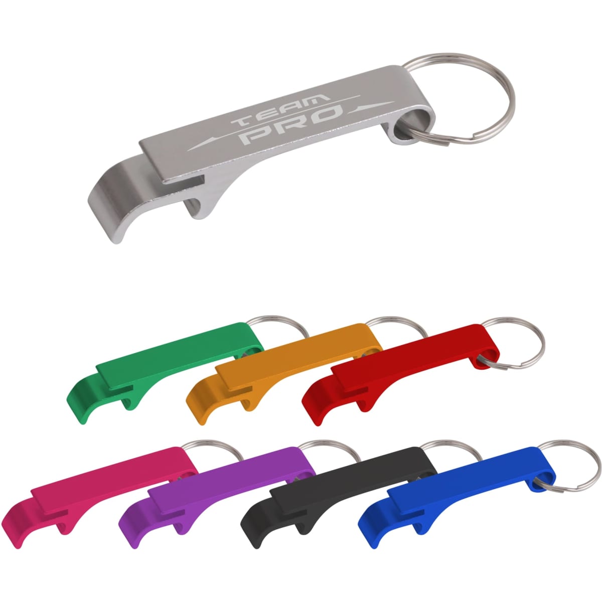 A drink bottle opener keyring in silver, green, pink, orange, yellow, red, black, and blue, featuring a logo.