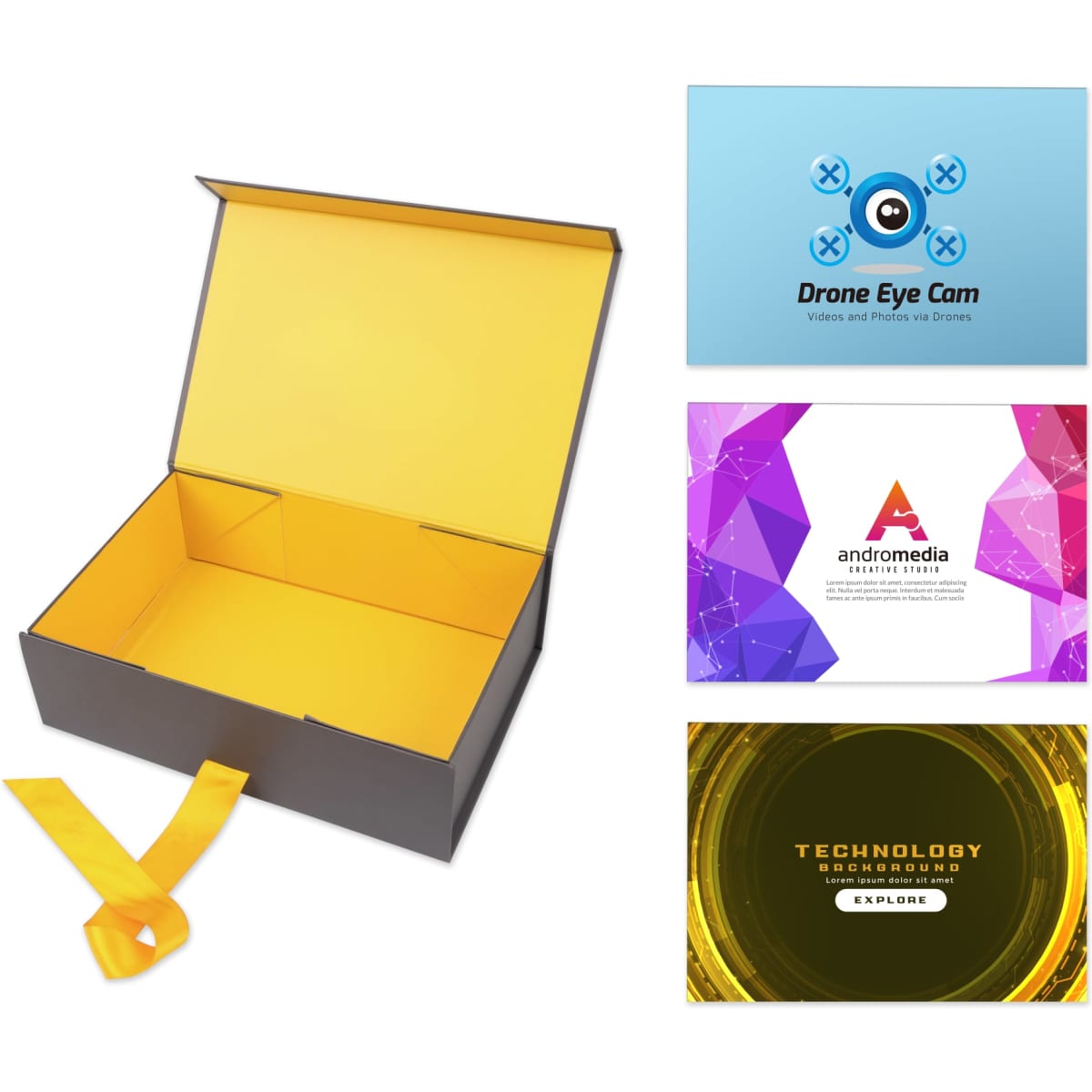 A medium foldable magnetic box in black with a yellow ribbon, alongside several business cards.