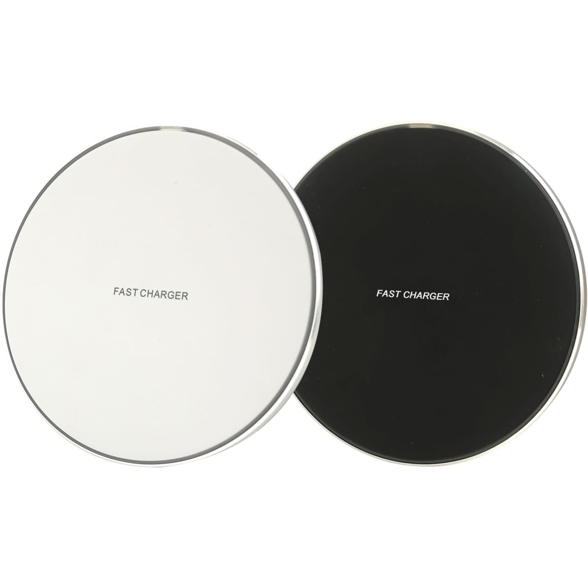 A round luminous wireless charger in white and black, featuring a simple design with a logo.