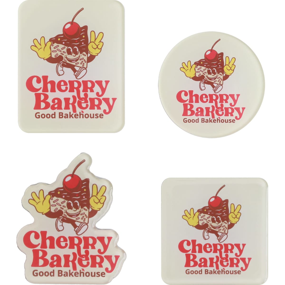 Acrylic fridge magnets in various shapes, featuring a design with a cherry and baked goods, in red and white.