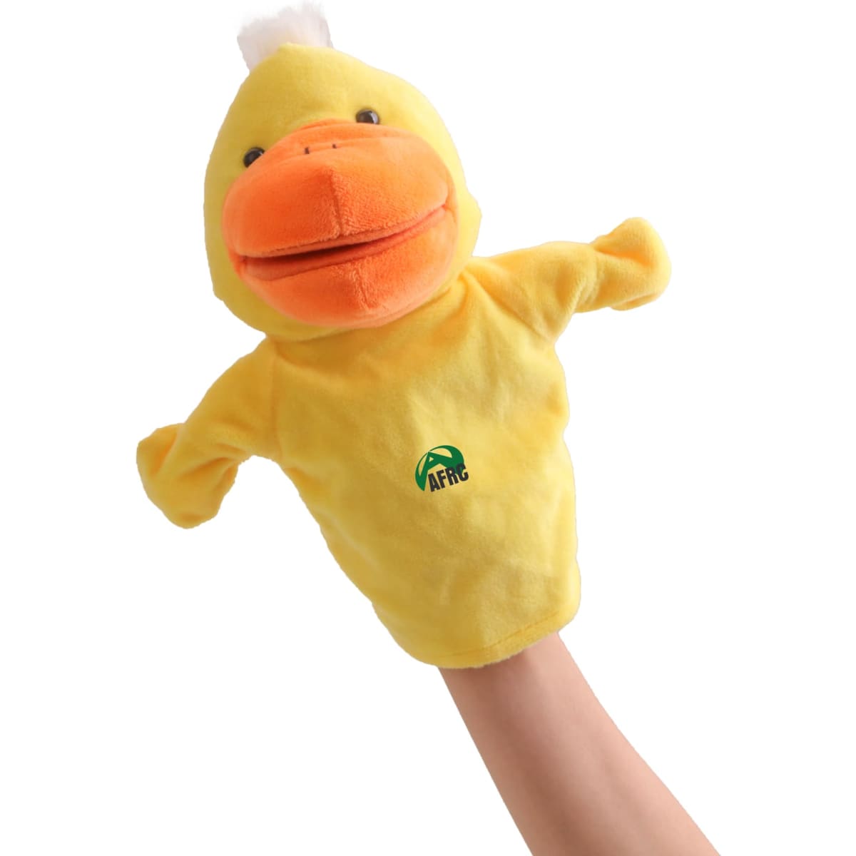 A yellow duck hand puppet with an orange beak and a small tuft of white on its head, featuring a logo on the body.