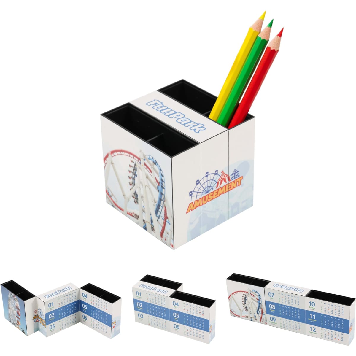 A three-panel foldable pen holder in white, featuring multiple compartments and colourful pencils inside.