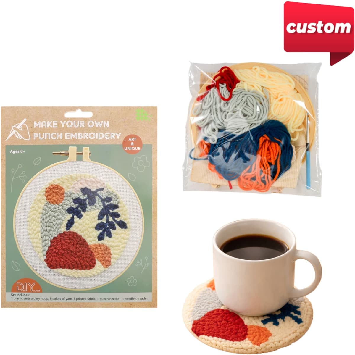 A punch needle coaster kit with multicoloured yarn and a finished coaster featuring red, blue, and neutral tones.