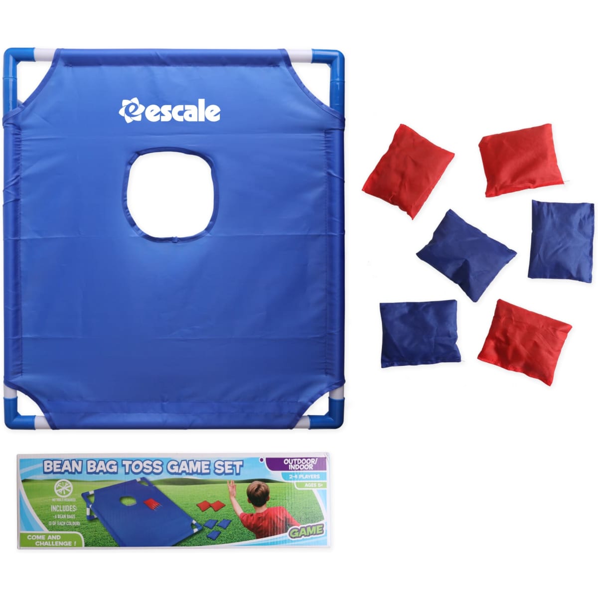 A blue and white portable cornhole game board with six bean bags in red and blue. Includes a branded logo.