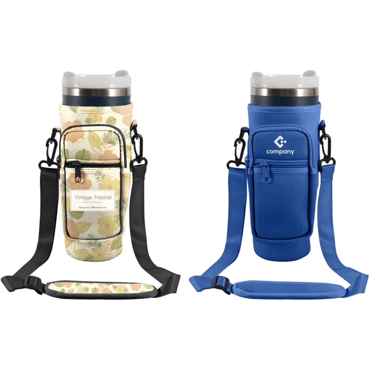 A drink bottle carrier bag in floral and blue designs, each with a shoulder strap and a phone pocket.