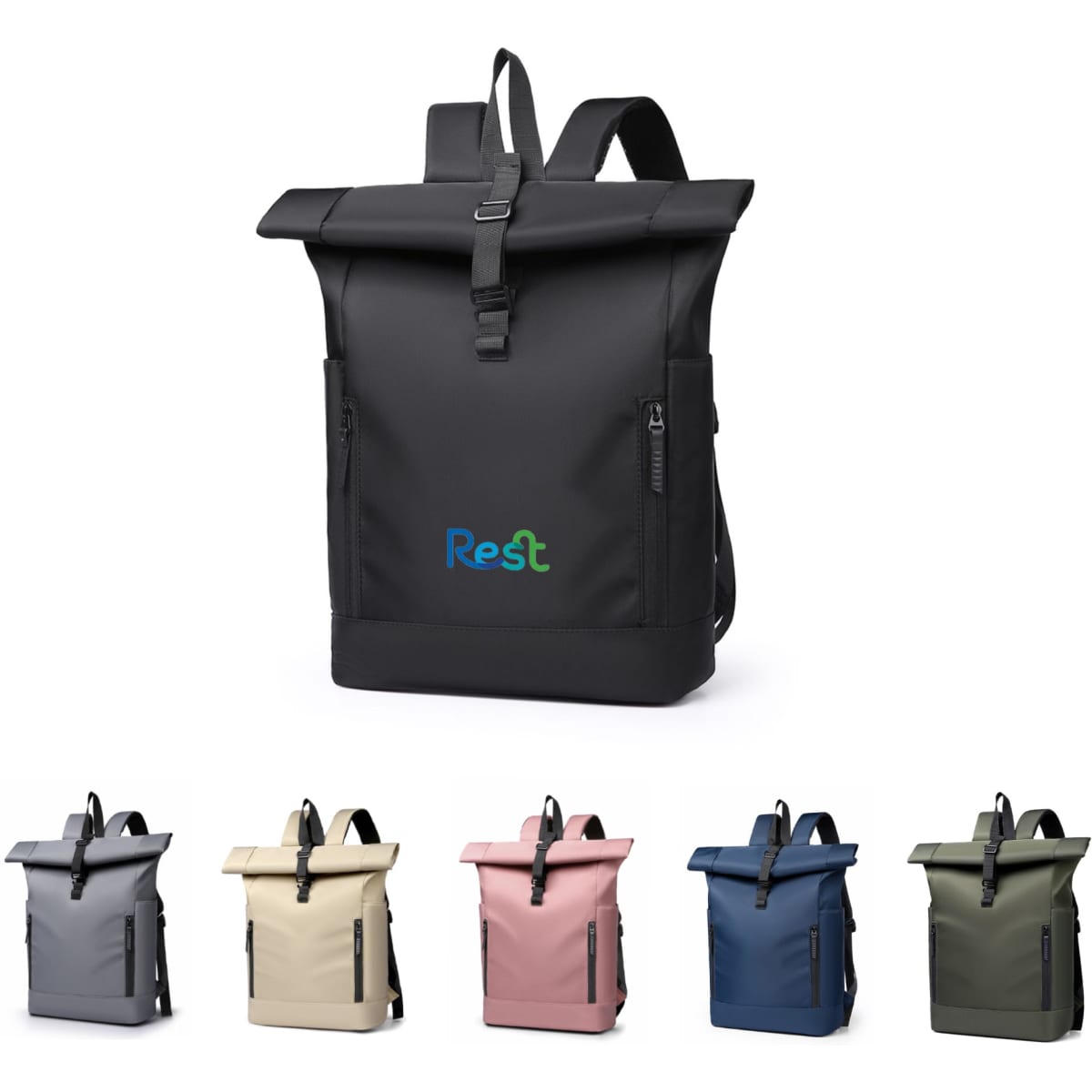 A roll top laptop backpack in black with multiple colour variations below, featuring a logo on the front.