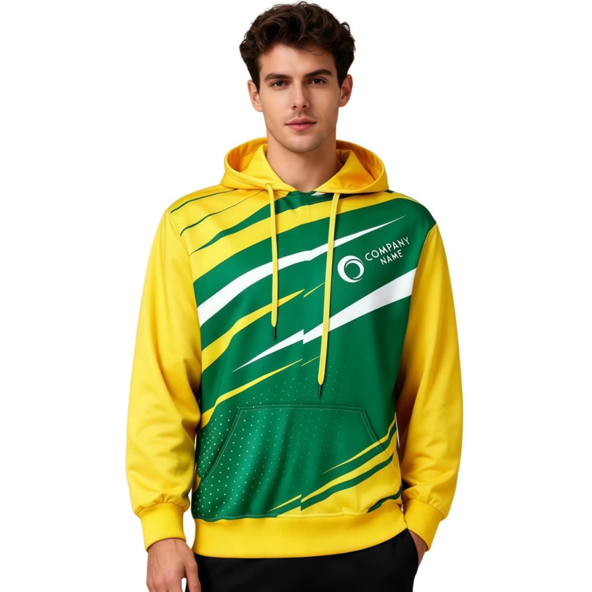 A unisex hoodie in yellow and green with a pocket and a logo, featuring a sublimated design.
