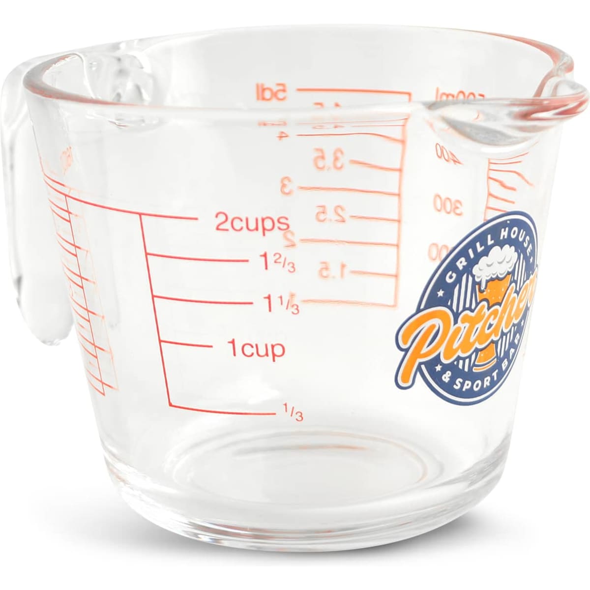 A clear glass measuring jug with red markings and a handle, featuring a logo on the side.