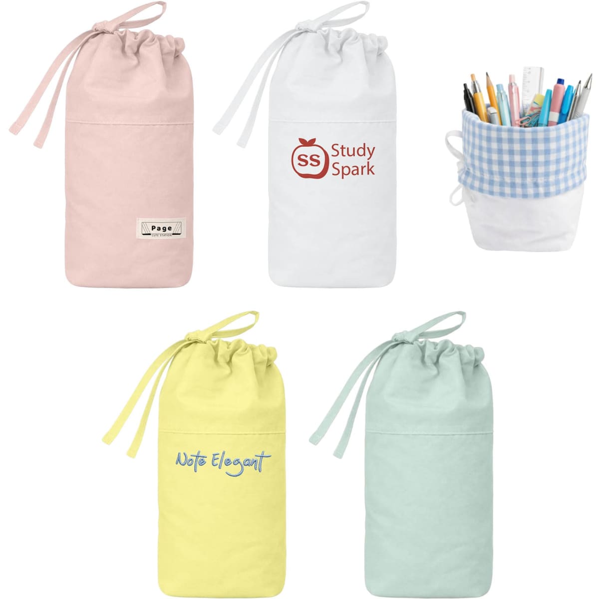 A foldable drawstring pencil case in pink, white, mint, and yellow, featuring a logo on one case.