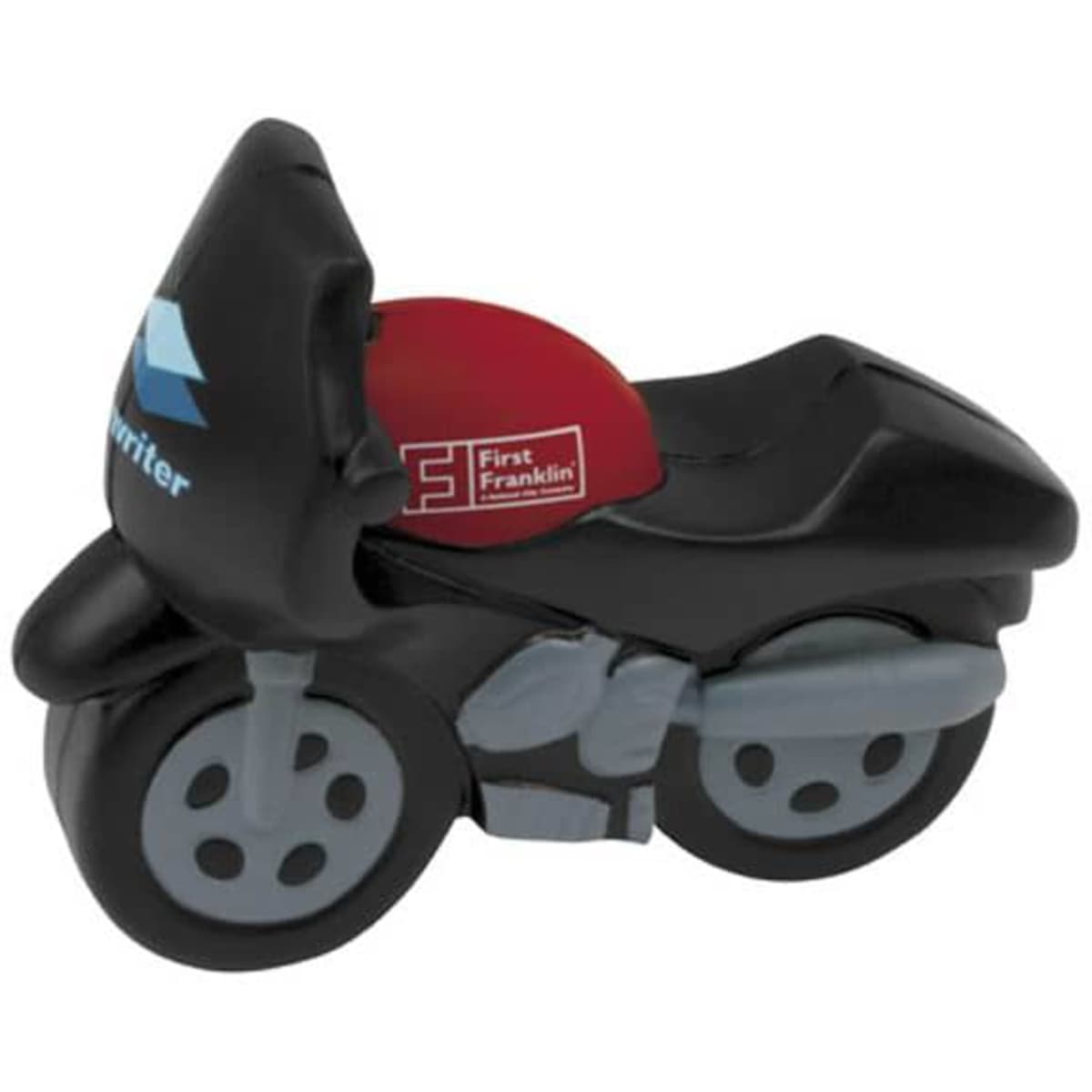 A black and grey motorbike-shaped stress reliever with a red seat and a logo on the side.