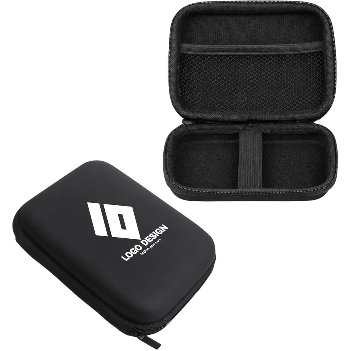 A small black zipper case with a textured interior and a mesh pocket, featuring a logo.