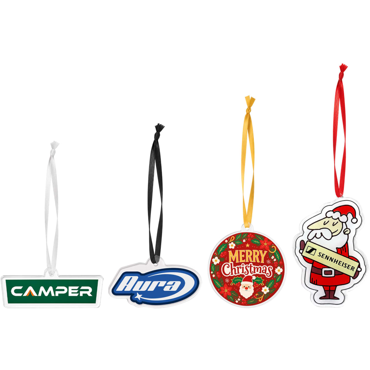 A collection of custom-shaped acrylic ornaments in various colours, with hanging cords and different designs.