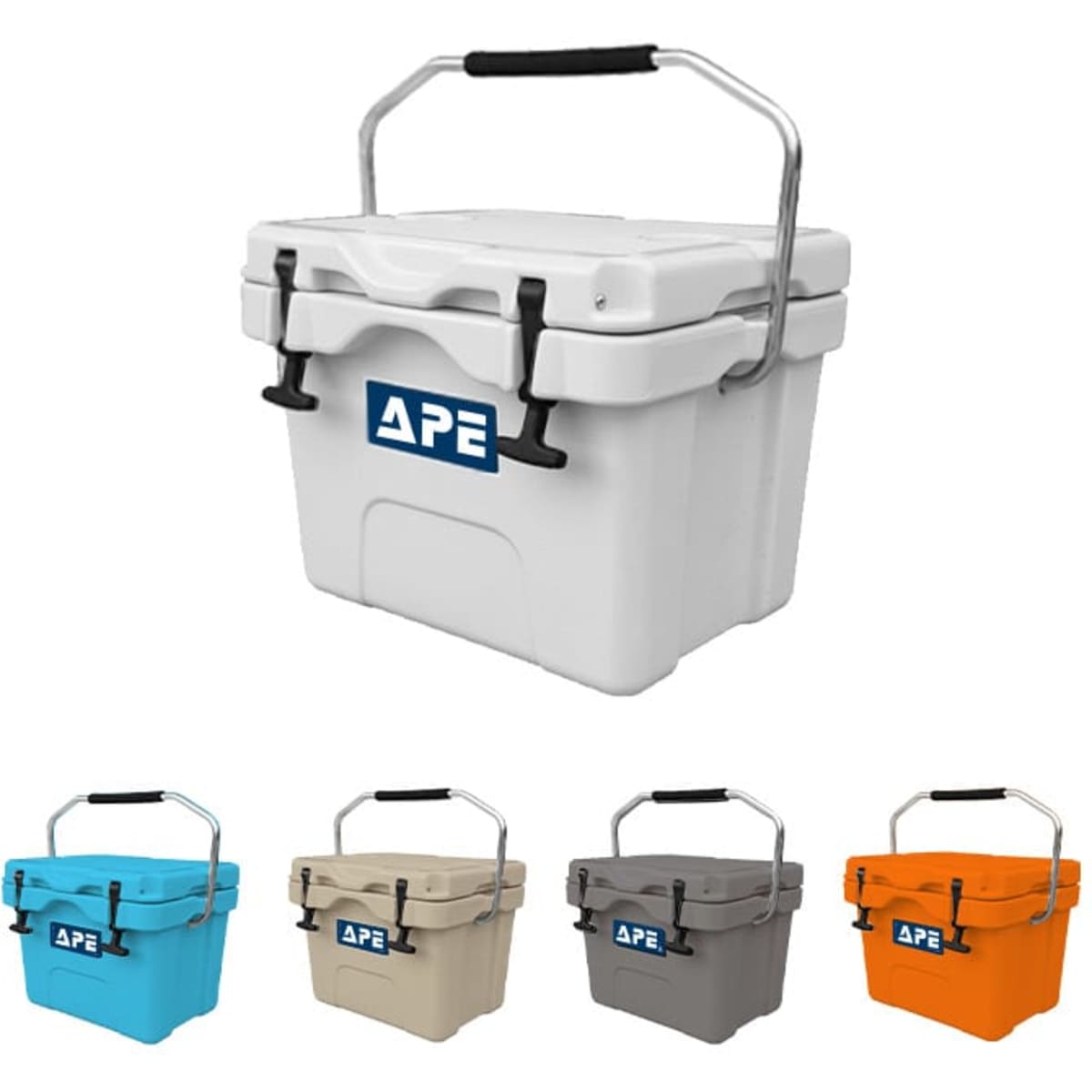 A cooler box in white, with a handle, alongside options in blue, tan, grey, and orange. Features a logo.