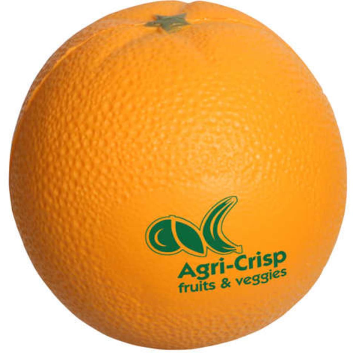 An orange-shaped stress reliever with a textured surface and a green logo on the side.