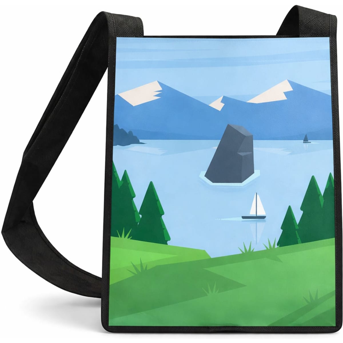 A custom sublimation crossbody bag featuring a scenic landscape with mountains, water, and trees in vibrant colours.