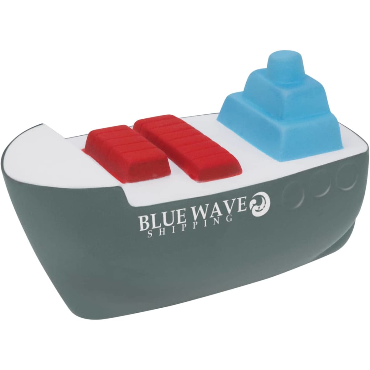 A stress reliever designed as a container ship, featuring grey, red, and blue elements, with a logo on it.