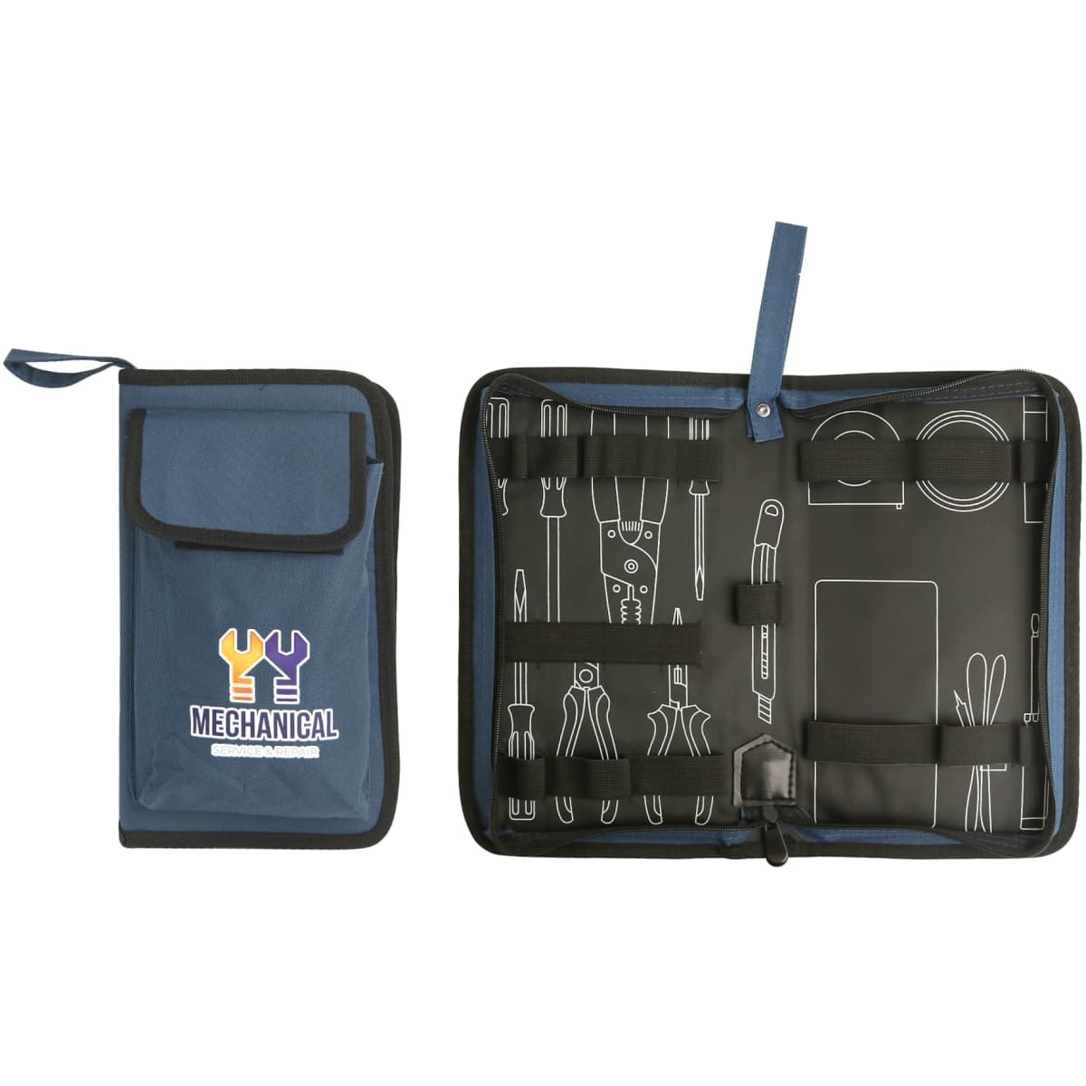 A blue tool kit bag with a pocket, featuring various tools and a logo. The interior has a black design with tool outlines.