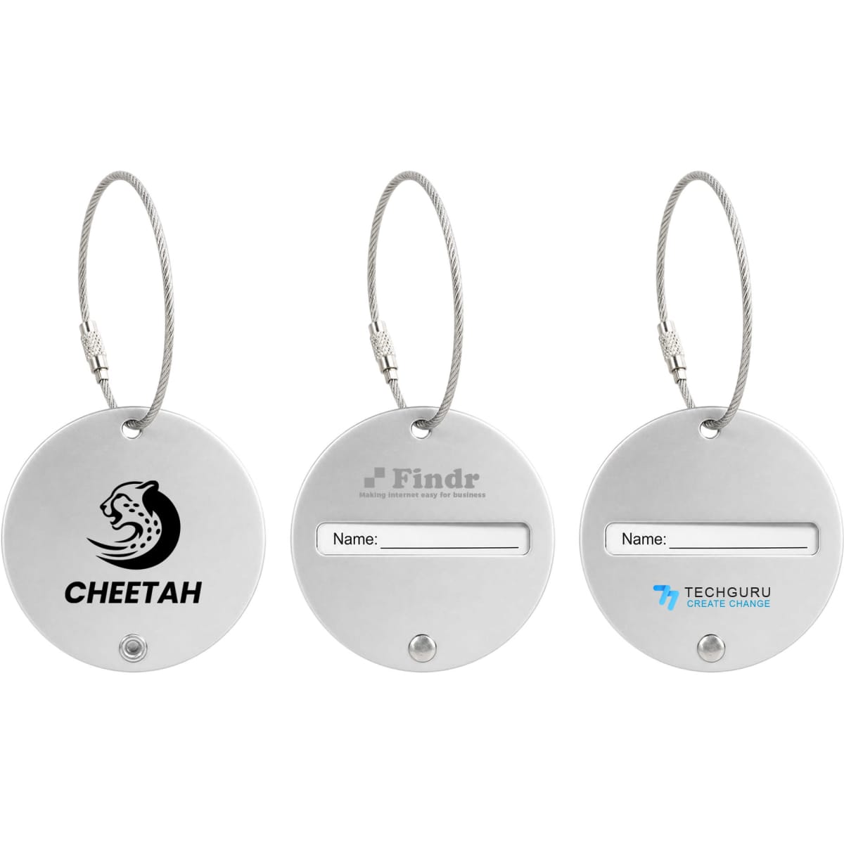Three round wire cable luggage tags in silver, featuring different logos and a space for a name.