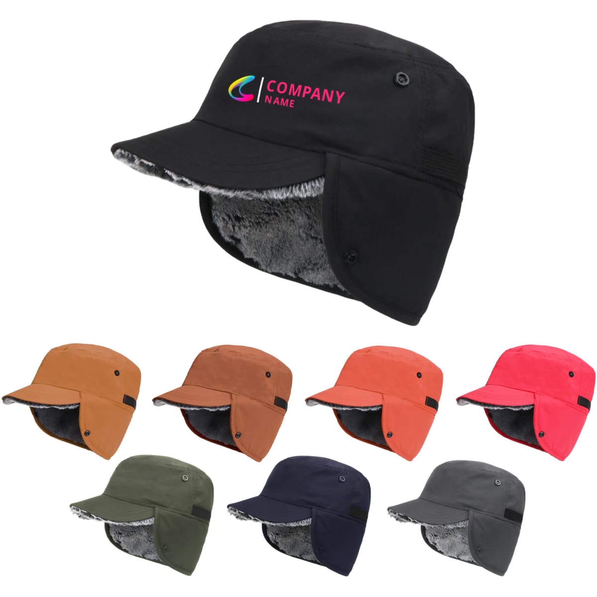 A thickened earflap hat in various colours, featuring a soft interior and a logo on the front.