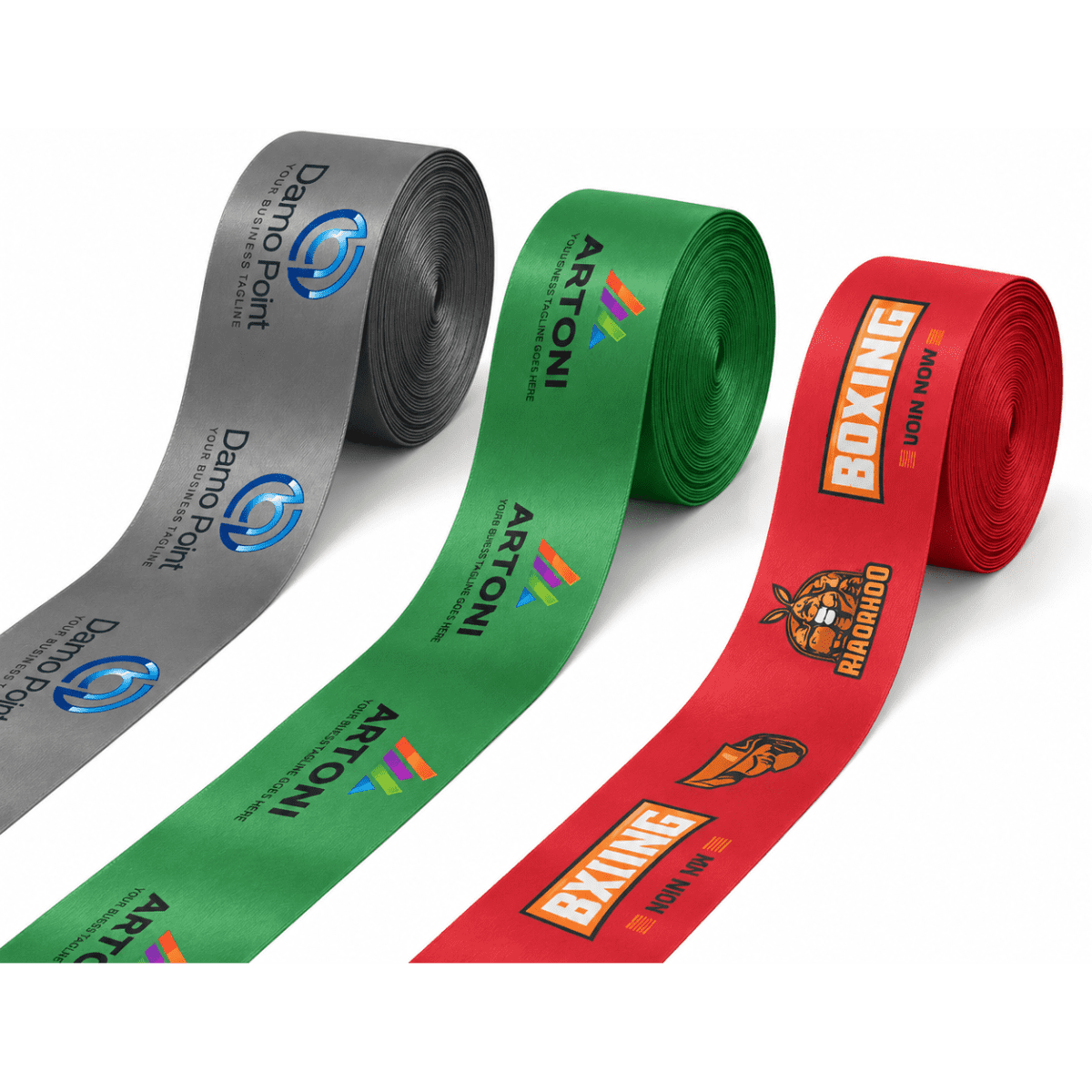 Three 100mm ribbons in grey, green, and red, each featuring logos and text designs.