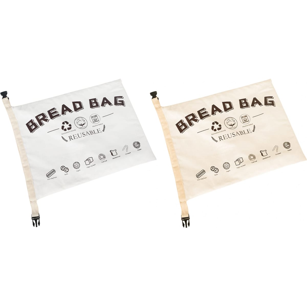 A reusable linen bread bag in cream and white, featuring a logo and various icons related to bread storage.