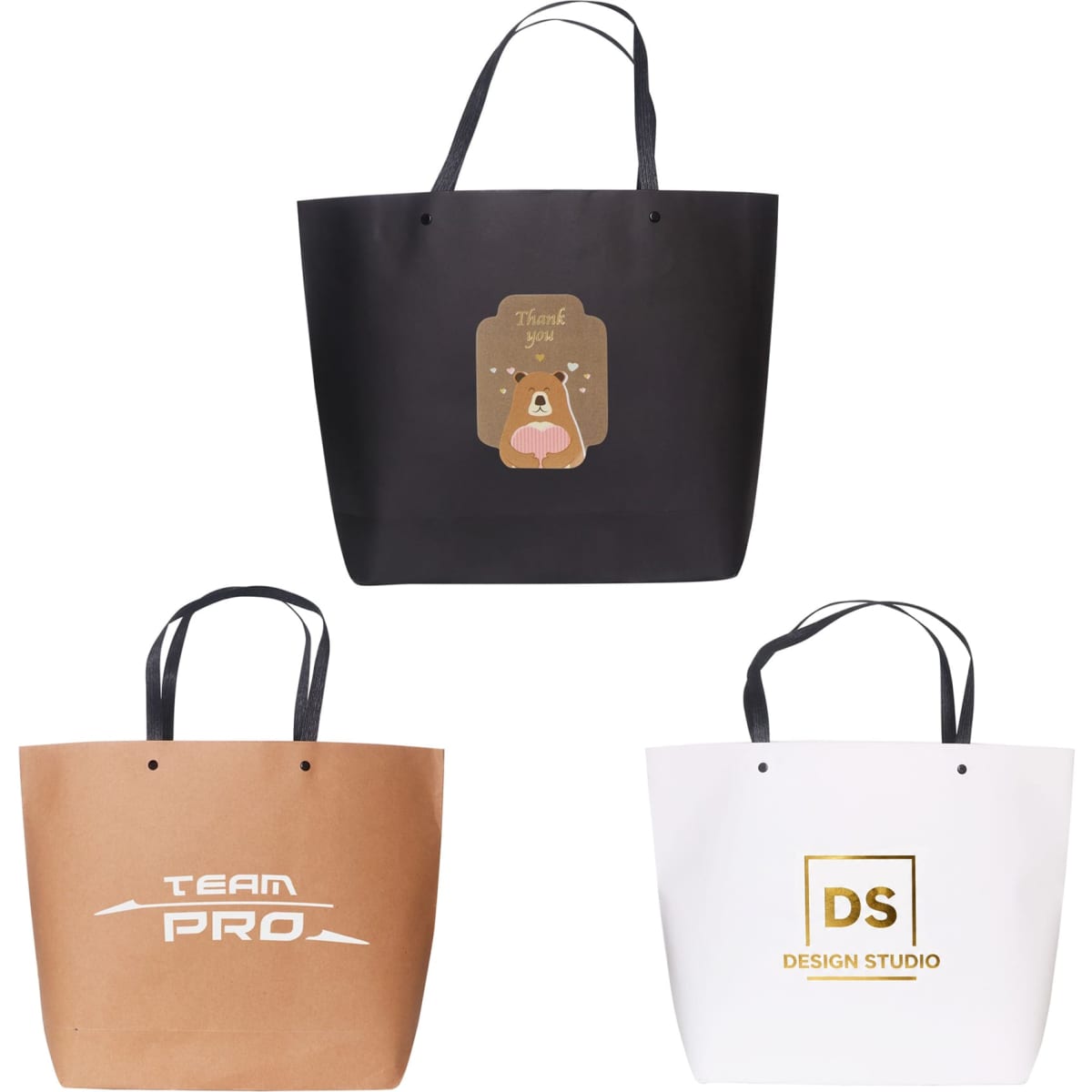 Three paper bags in black, brown, and white, featuring a logo on each and a decorative design on the black bag.