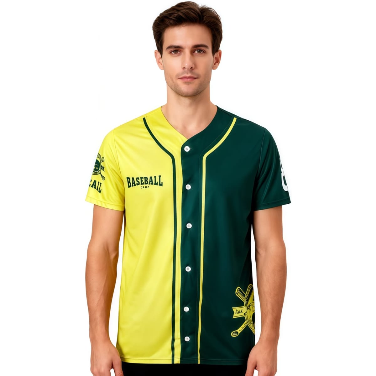 A men's full-button baseball jersey in yellow and green with a logo on the sleeve. Made from 100% polyester.