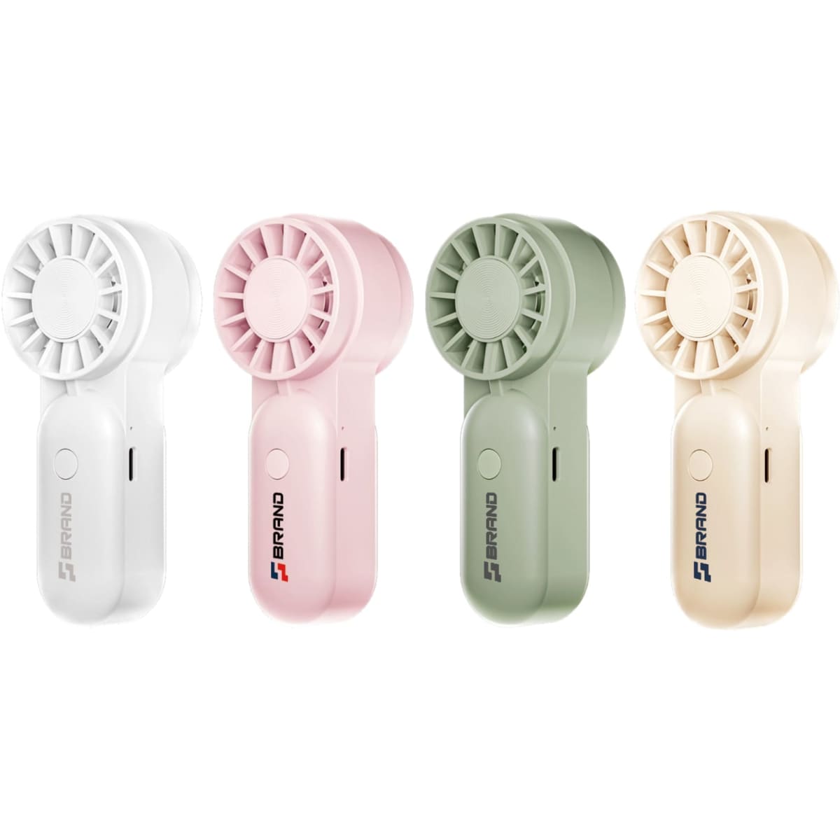 A set of four mini portable handheld fans in white, pink, green, and purple, featuring a simple design and a logo.