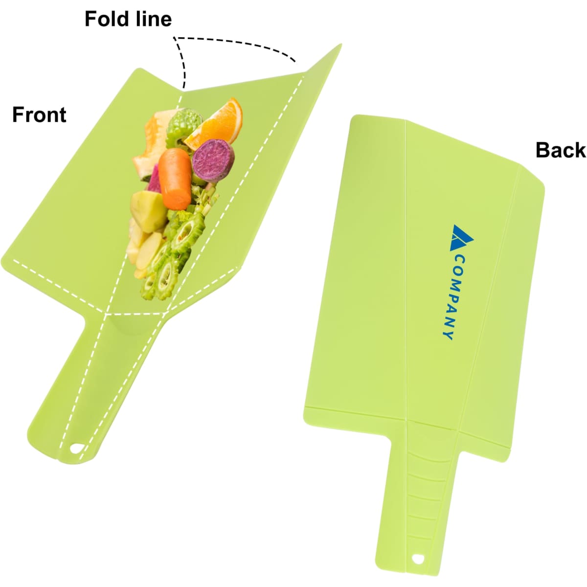 A green foldable chopping board with a handle, featuring a vibrant design on one side and a branding logo on the other.
