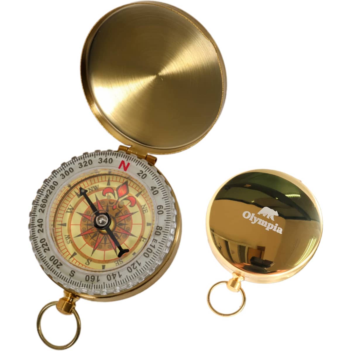 A golden compass with a decorative dial and a logo on the lid, featuring a keychain attachment.