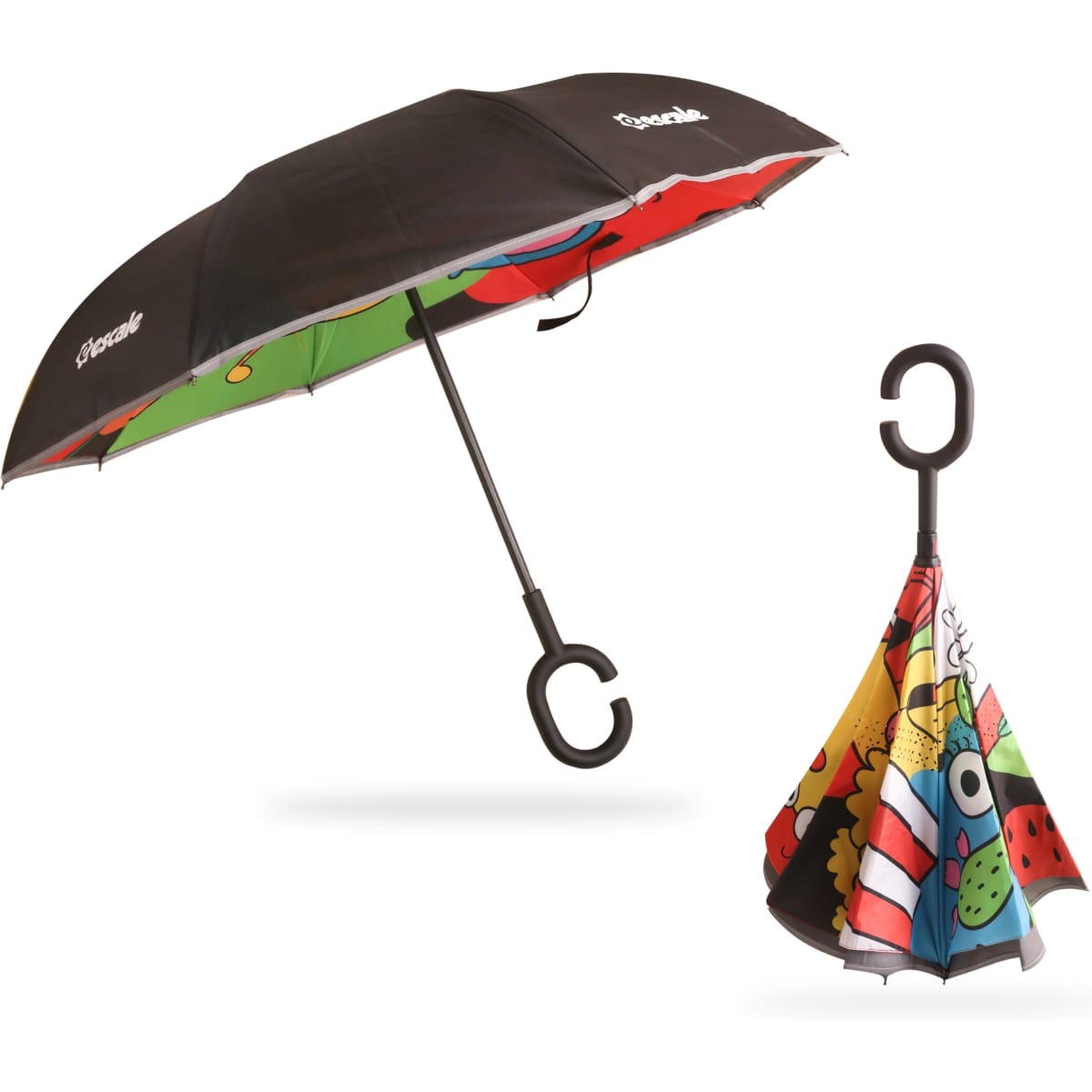 A reversible folding umbrella in black and multicoloured patterns, featuring a hook handle and a compact folded design.