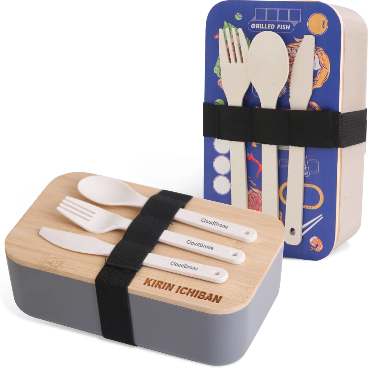 A lunch box featuring a grey base and a bamboo cover, with utensils inside and a branding logo.