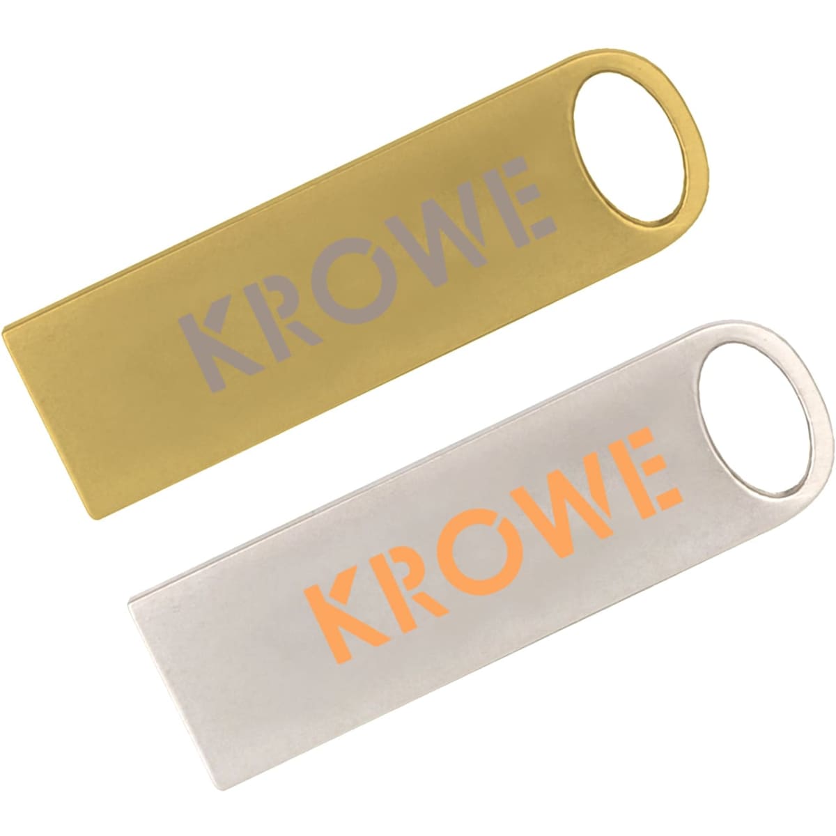 A pair of flash drives in gold and silver with a branding logo on each.