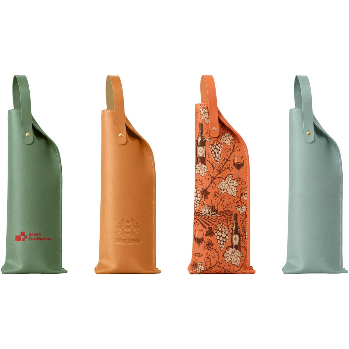 A collection of four elegant PU leather wine bags in green, orange, and two shades of teal, featuring various designs and logos.