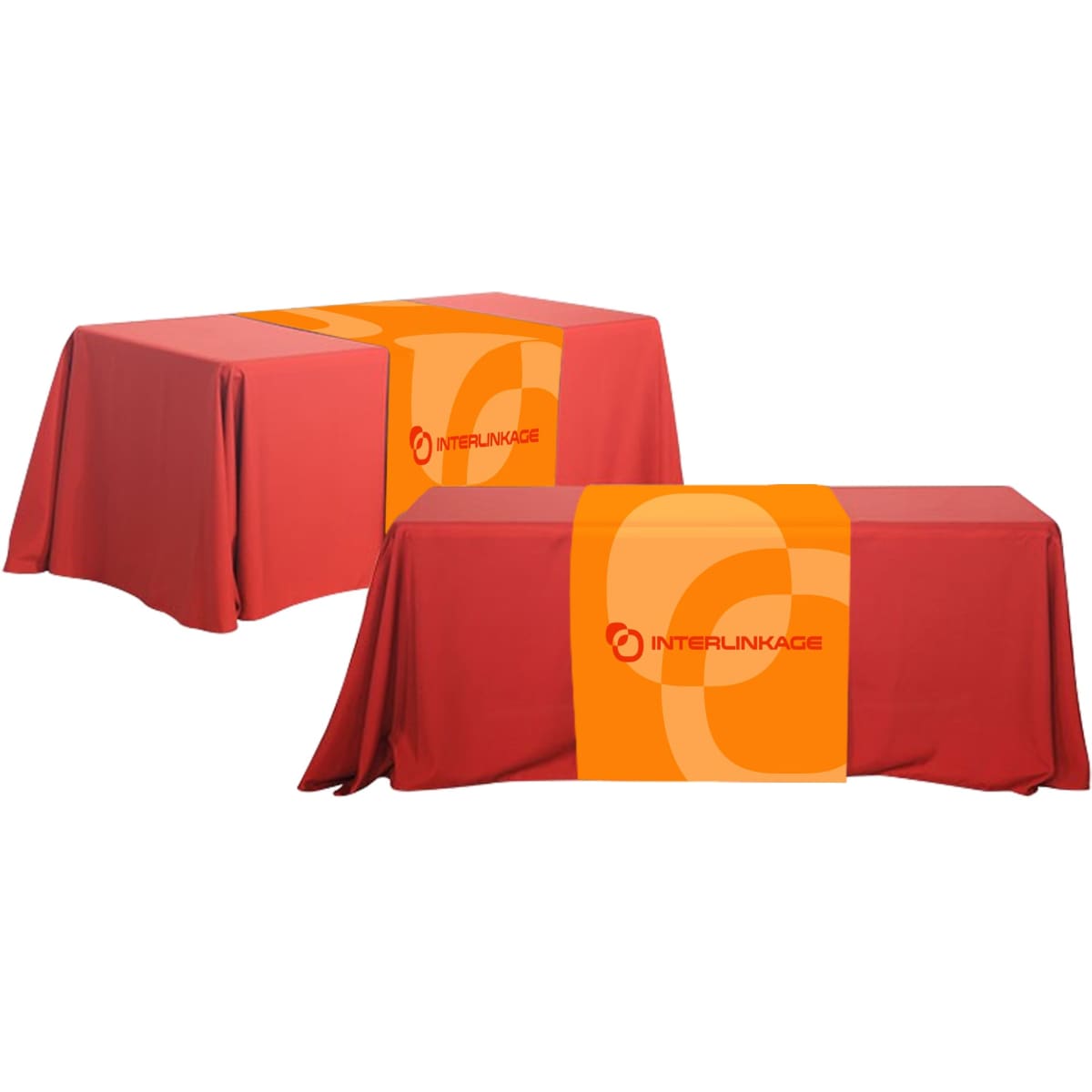Medium table runner in bright red with a prominent logo design in the centre.