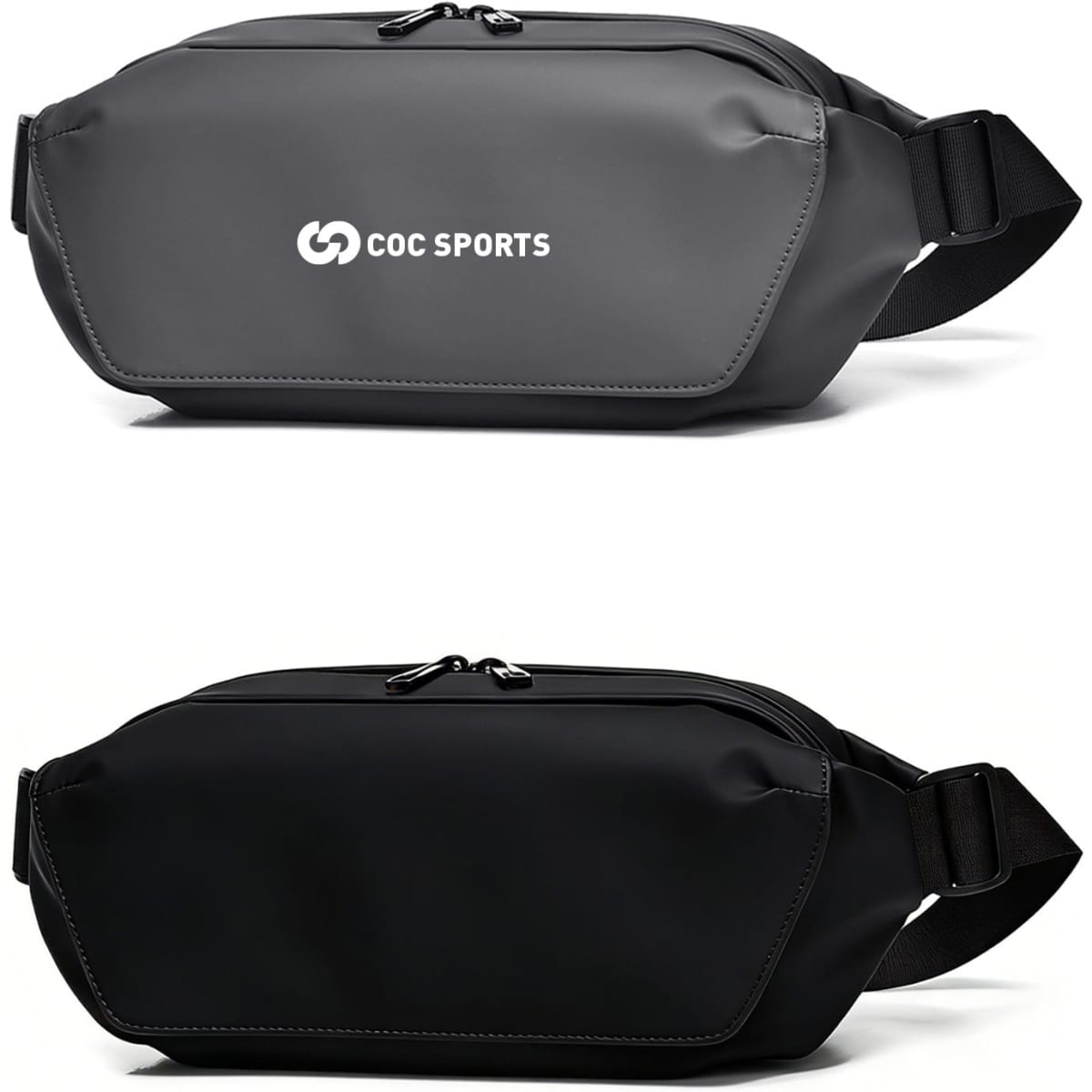 A fanny pack in grey and black with a logo on the front and a zippered compartment.
