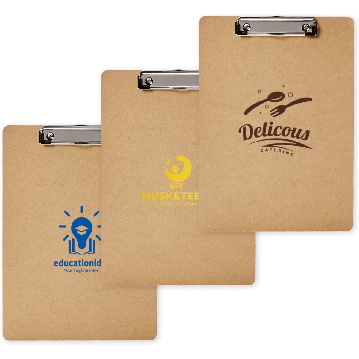 A wooden clipboard featuring three designs, all in natural brown colour with various logos.