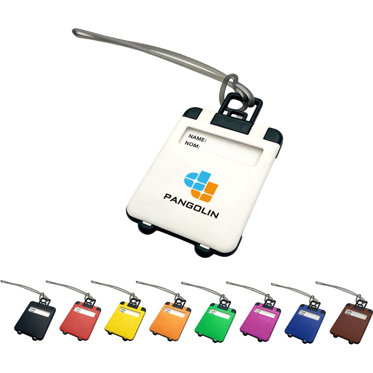A white ABS luggage tag with a clear name slot and a branding logo, available in various colours.