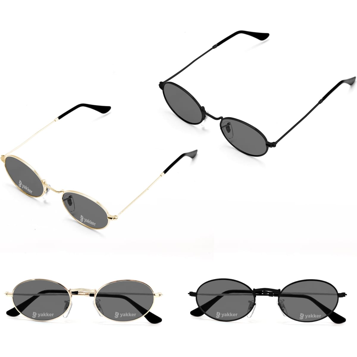 Oval retro sunglasses in black and gold frames, featuring dark lenses and sleek designs. Includes logo branding.