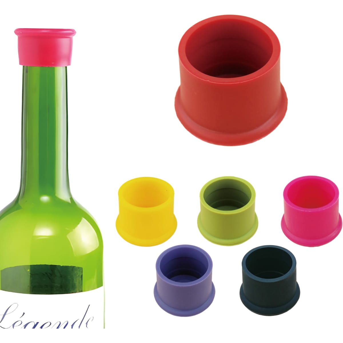 A drink bottle with a pink silicone wine stopper, surrounded by stoppers in red, yellow, green, purple, and blue.