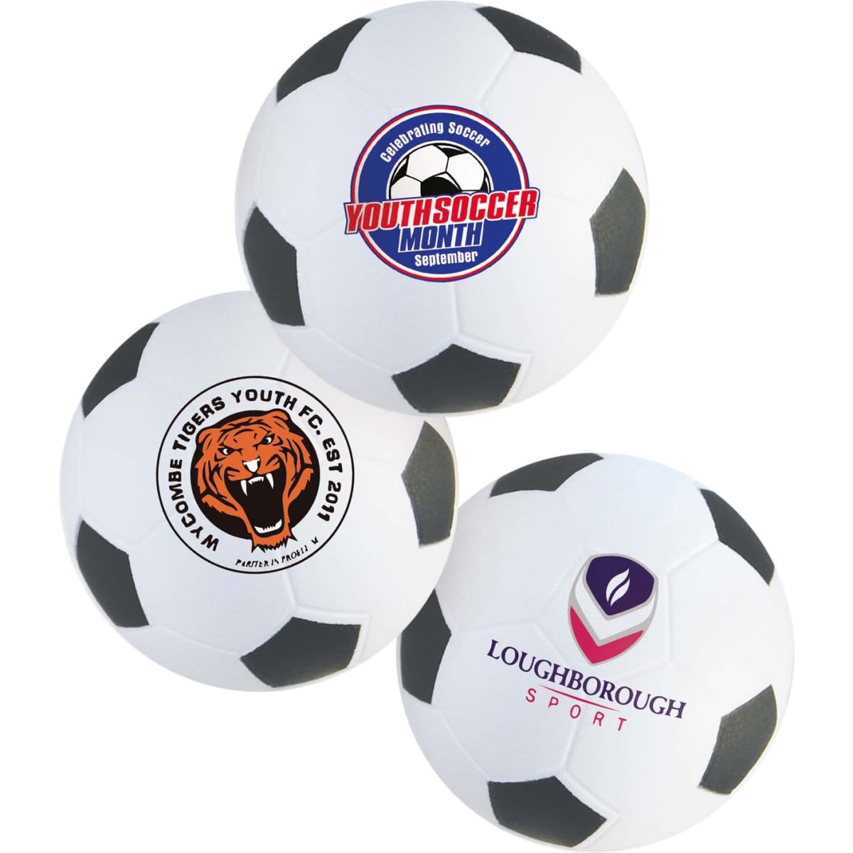 Three football-shaped stress relievers in white with black patches, featuring various logos and designs.